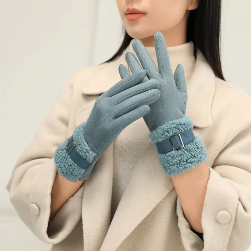 Elegant Fleece Winter Women's Gloves Windproof Thickened Women Suede Gloves Anti Cold Fleece-Lined Cycling Mittens Outdoor