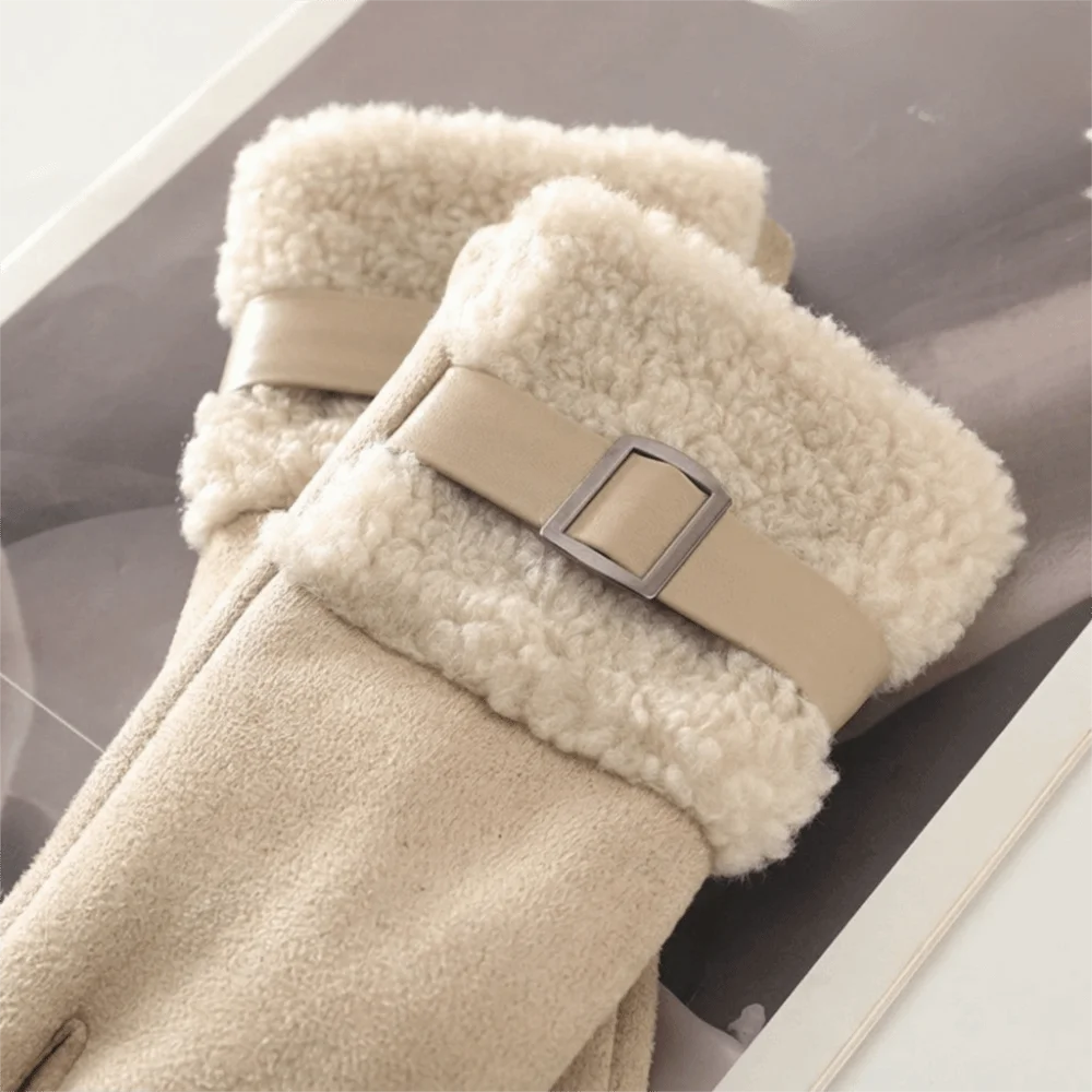 Elegant Fleece Winter Women's Gloves Windproof Thickened Women Suede Gloves Anti Cold Fleece-Lined Cycling Mittens Outdoor