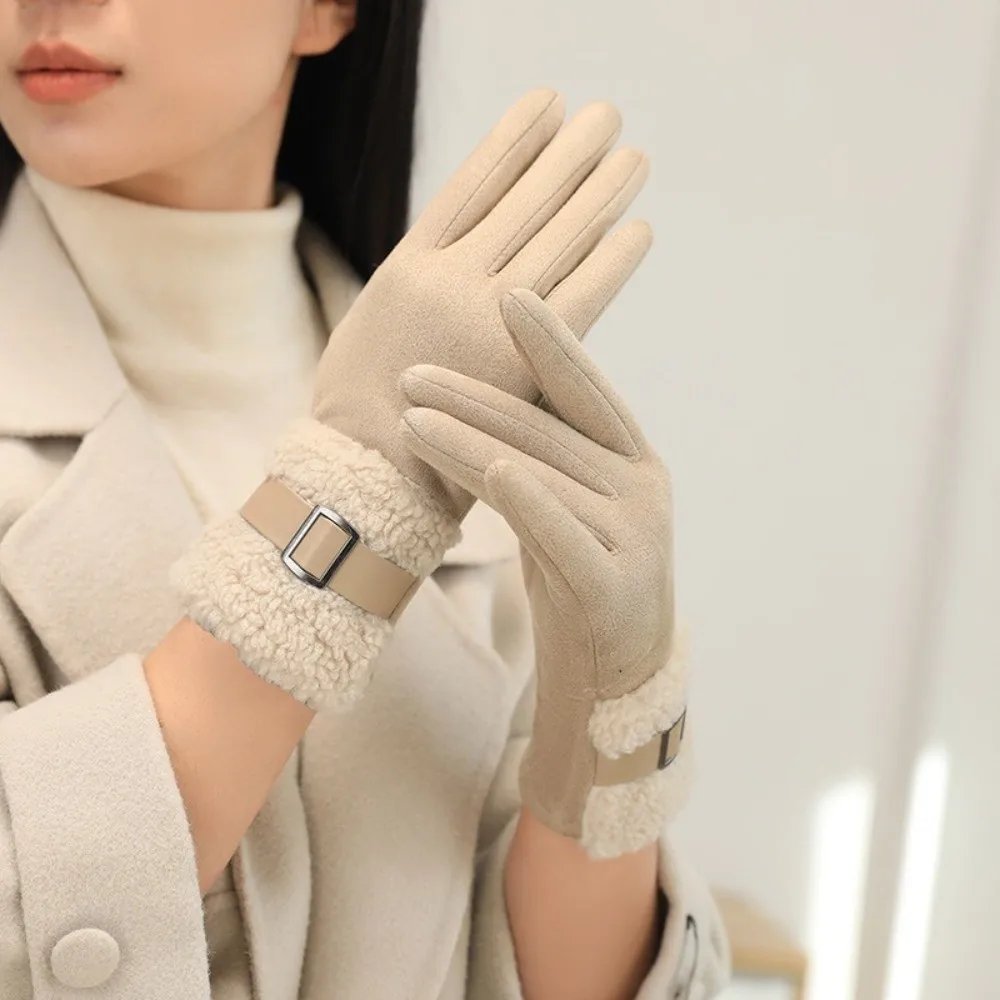 Elegant Fleece Winter Women's Gloves Windproof Thickened Women Suede Gloves Anti Cold Fleece-Lined Cycling Mittens Outdoor
