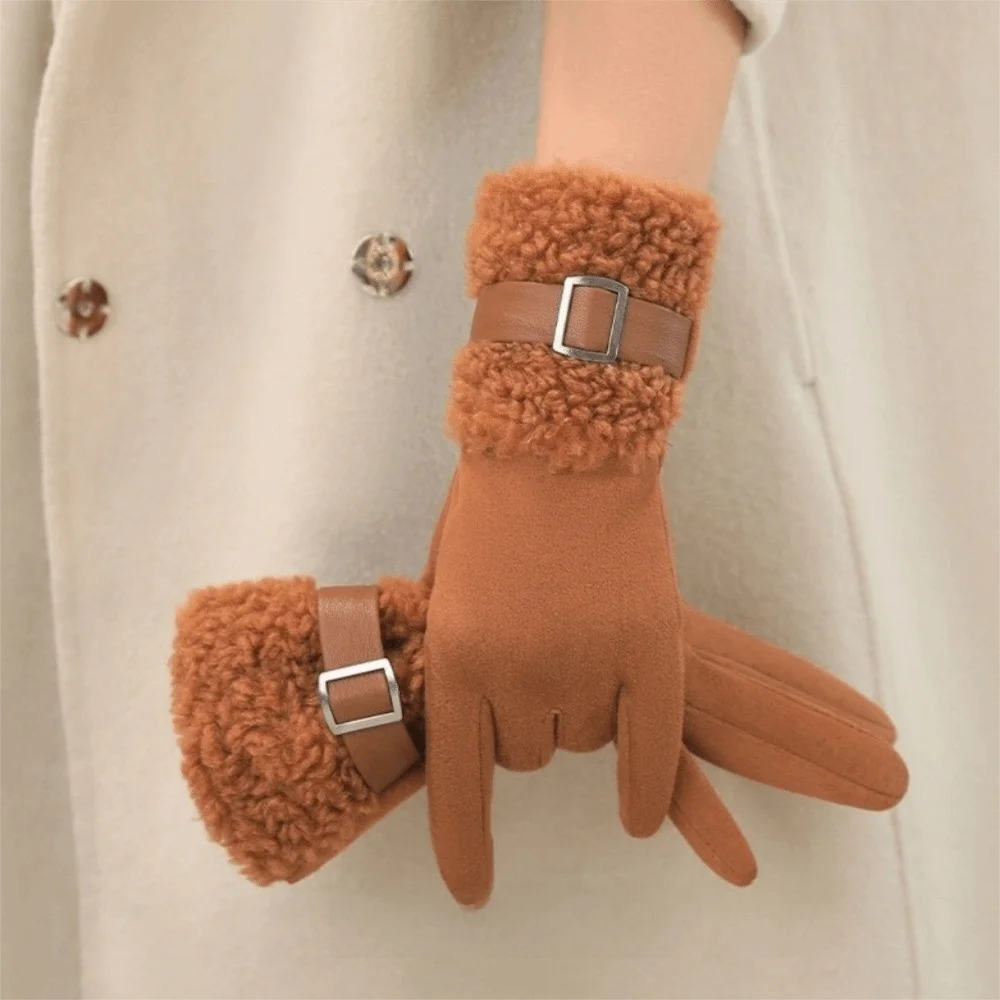 Elegant Fleece Winter Women's Gloves Windproof Thickened Women Suede Gloves Anti Cold Fleece-Lined Cycling Mittens Outdoor