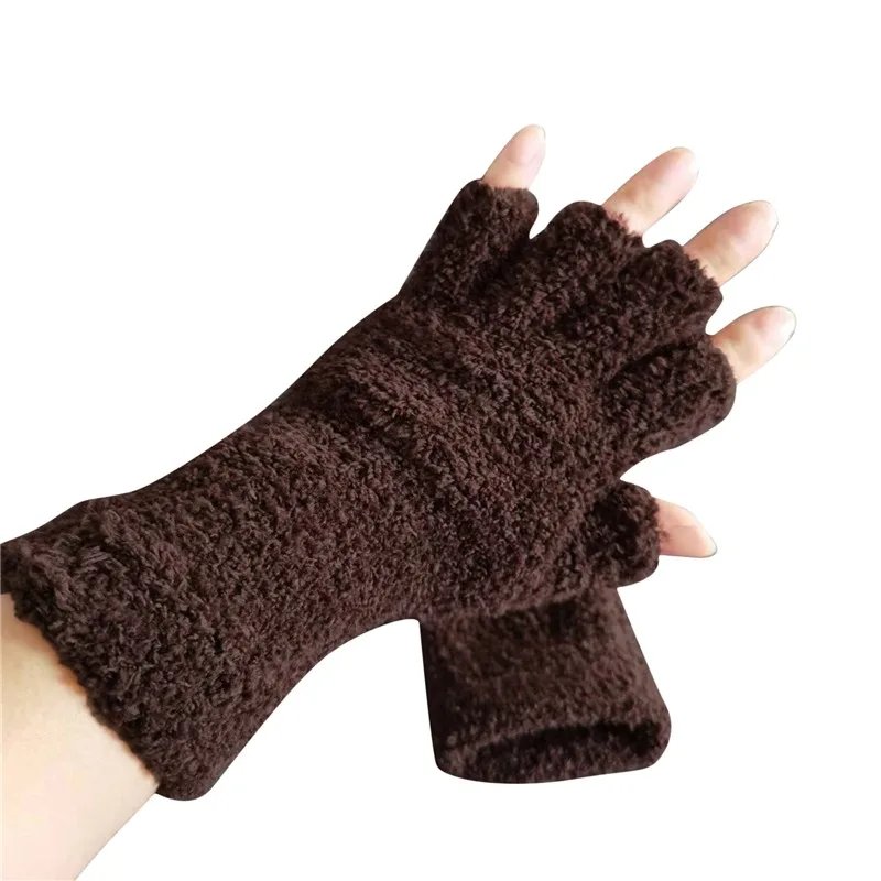 Coral Fleece Gloves Women Girls Solid Color Touchscreen Fingerless Glove Winter Warm Thicken Plush Half Finger Writing Mittens
