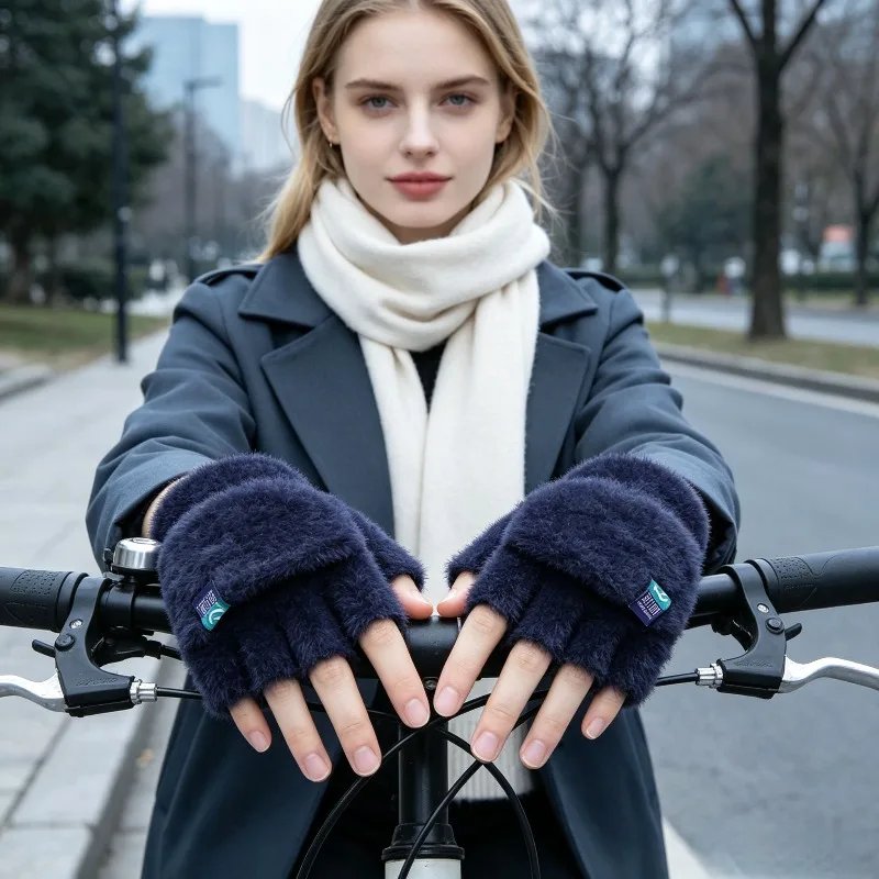 Plush Fingerless Gloves Female Winter Mitten Soft Warm Student Women Flip Gloves Outdoor Write Gloves Thickened Cold Protection