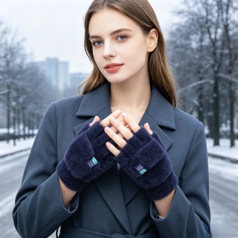 Plush Fingerless Gloves Female Winter Mitten Soft Warm Student Women Flip Gloves Outdoor Write Gloves Thickened Cold Protection