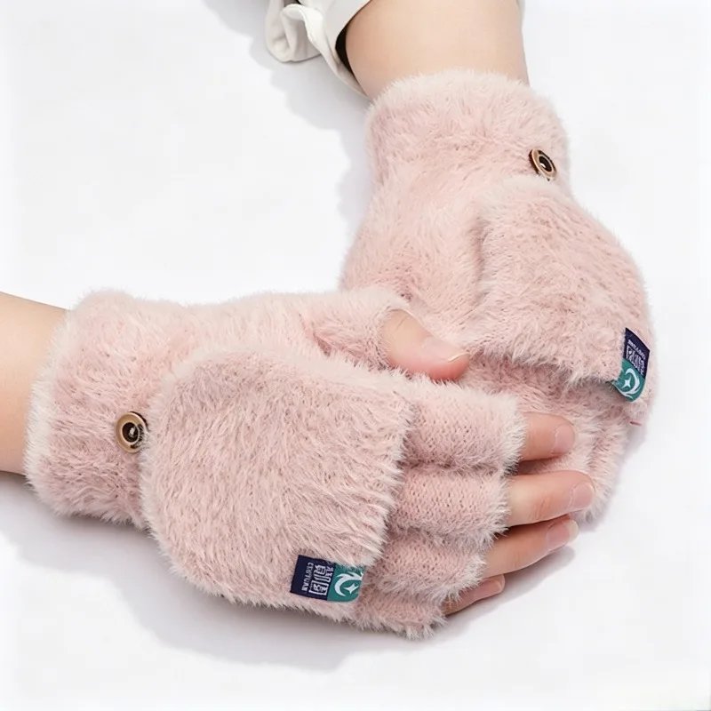Plush Fingerless Gloves Female Winter Mitten Soft Warm Student Women Flip Gloves Outdoor Write Gloves Thickened Cold Protection