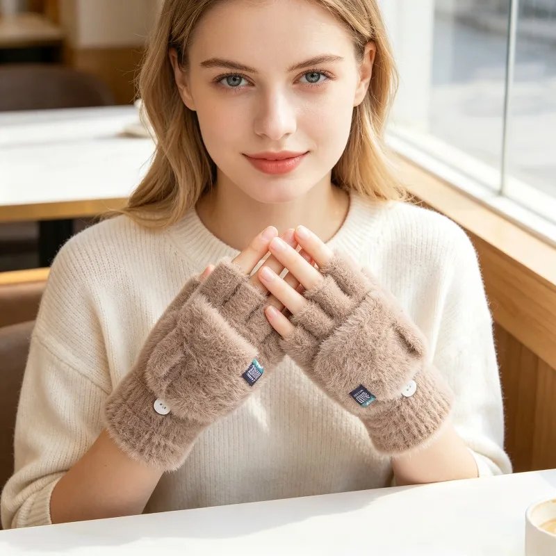 Plush Fingerless Gloves Female Winter Mitten Soft Warm Student Women Flip Gloves Outdoor Write Gloves Thickened Cold Protection