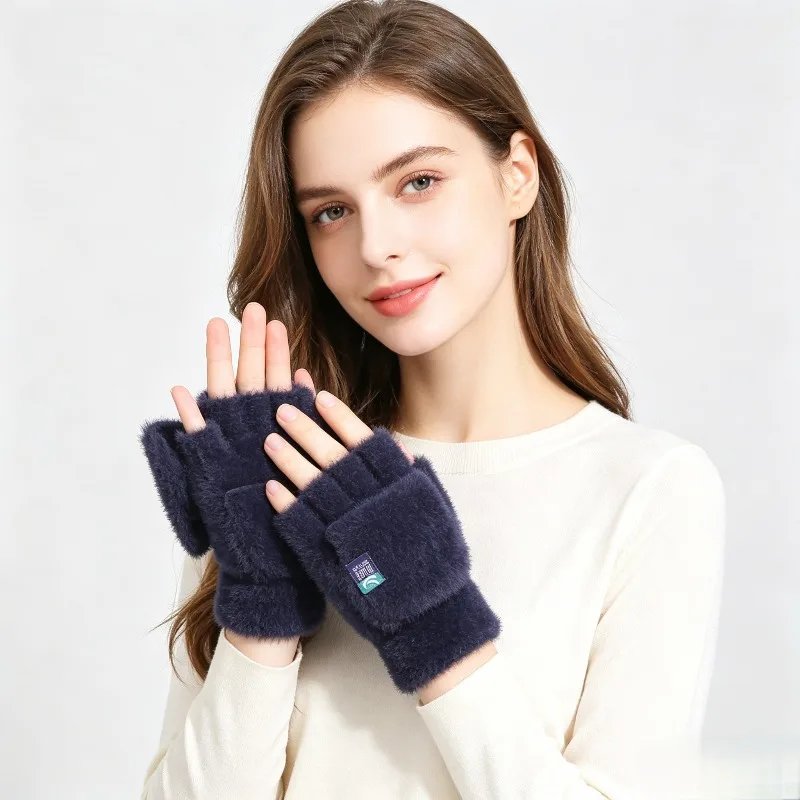 Plush Fingerless Gloves Female Winter Mitten Soft Warm Student Women Flip Gloves Outdoor Write Gloves Thickened Cold Protection
