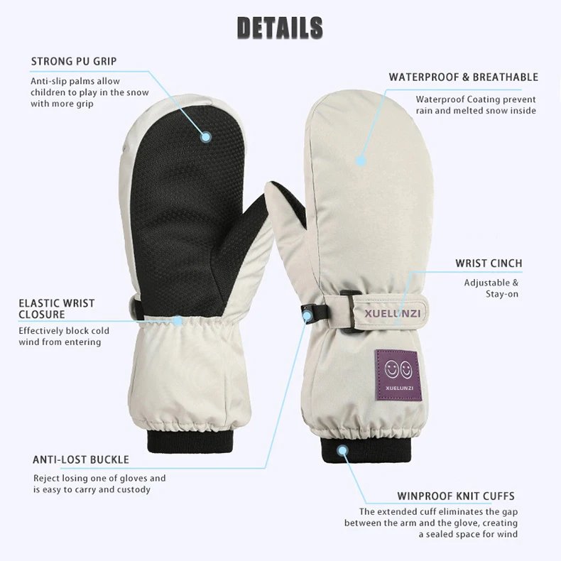 Kids Ski Mittens Waterproof Winter Snow Mittens Long Cuff Boys Girls Warm Snowboarding Gloves for Ages 6-12T