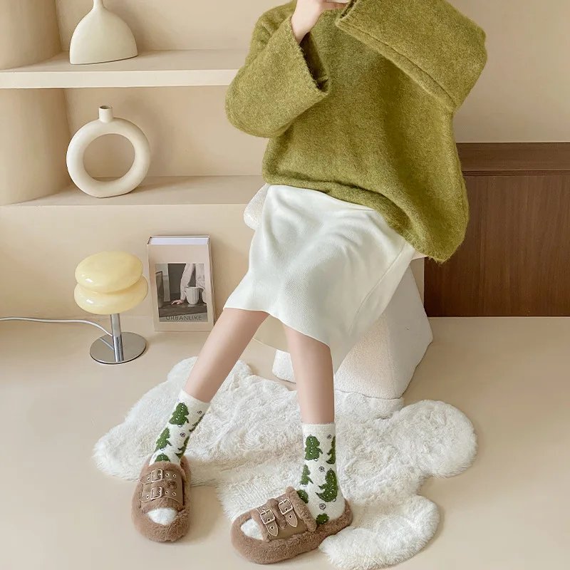 Cow Print Mink Plush Socks For Women Girl Mid Tube Stockings Warm Coral Velvet Sleep Floor Sock Winter Thermal Slipper Funny Sox