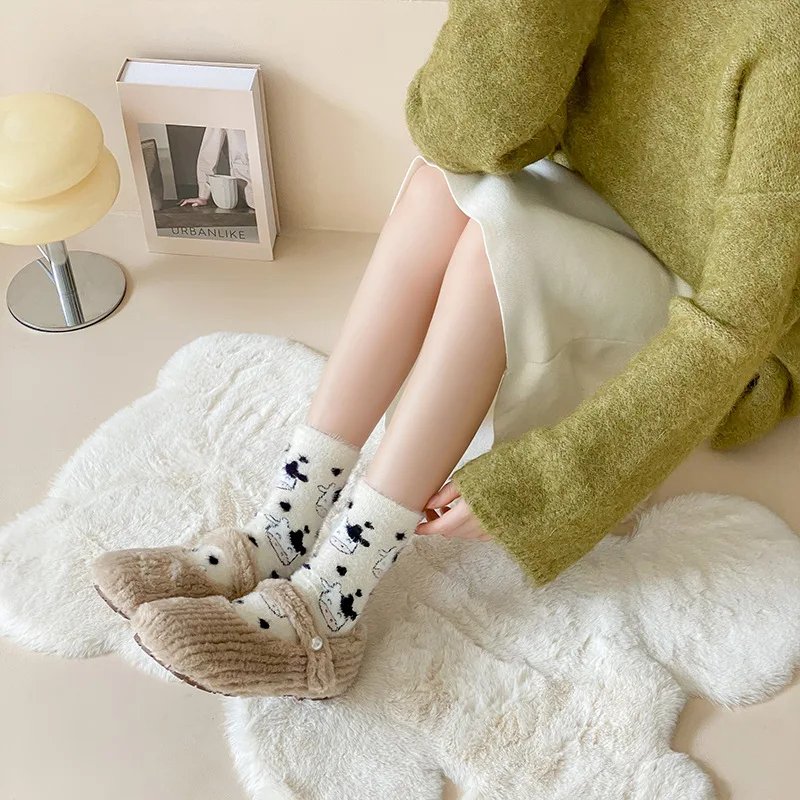 Cow Print Mink Plush Socks For Women Girl Mid Tube Stockings Warm Coral Velvet Sleep Floor Sock Winter Thermal Slipper Funny Sox