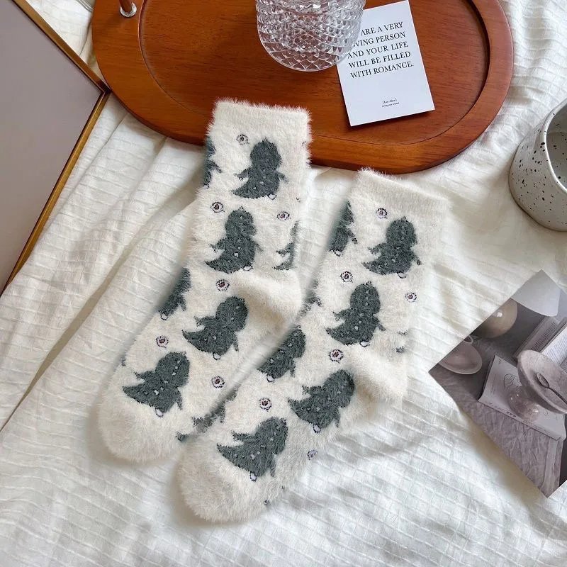 Cow Print Mink Plush Socks For Women Girl Mid Tube Stockings Warm Coral Velvet Sleep Floor Sock Winter Thermal Slipper Funny Sox
