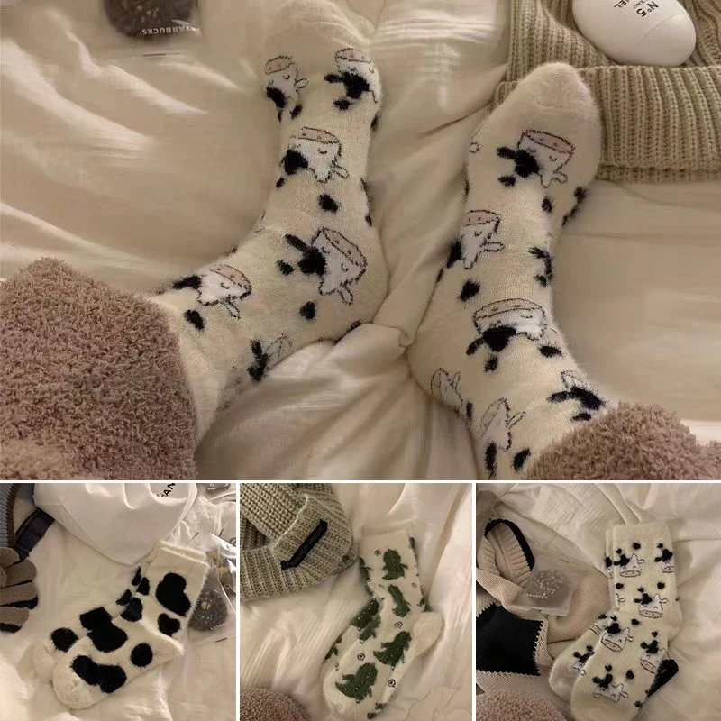 Cow Print Mink Plush Socks For Women Girl Mid Tube Stockings Warm Coral Velvet Sleep Floor Sock Winter Thermal Slipper Funny Sox