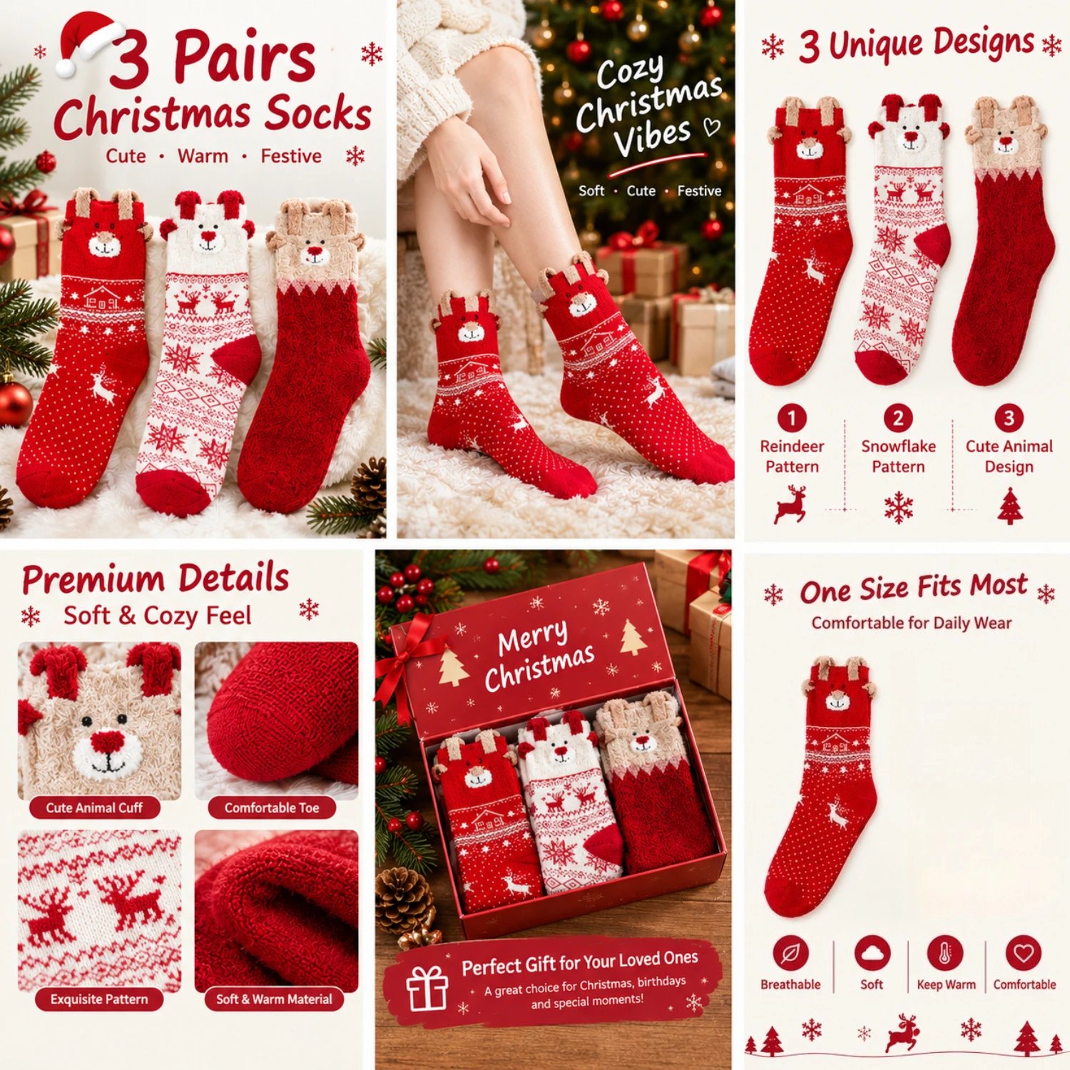 3/6/9/12 Pairs Christmas Socks Women Cute Reindeer Snowflake Winter Warm Cozy Socks Christmas Holiday Gift Stocking Stuffers.