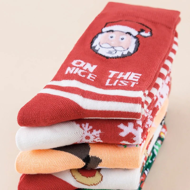 1/3/5/10 Pairs Random Women Autumn Winter Christmas Cartoon Stripe Snowflake Comfortable Breathable Mid‑Calf Socks