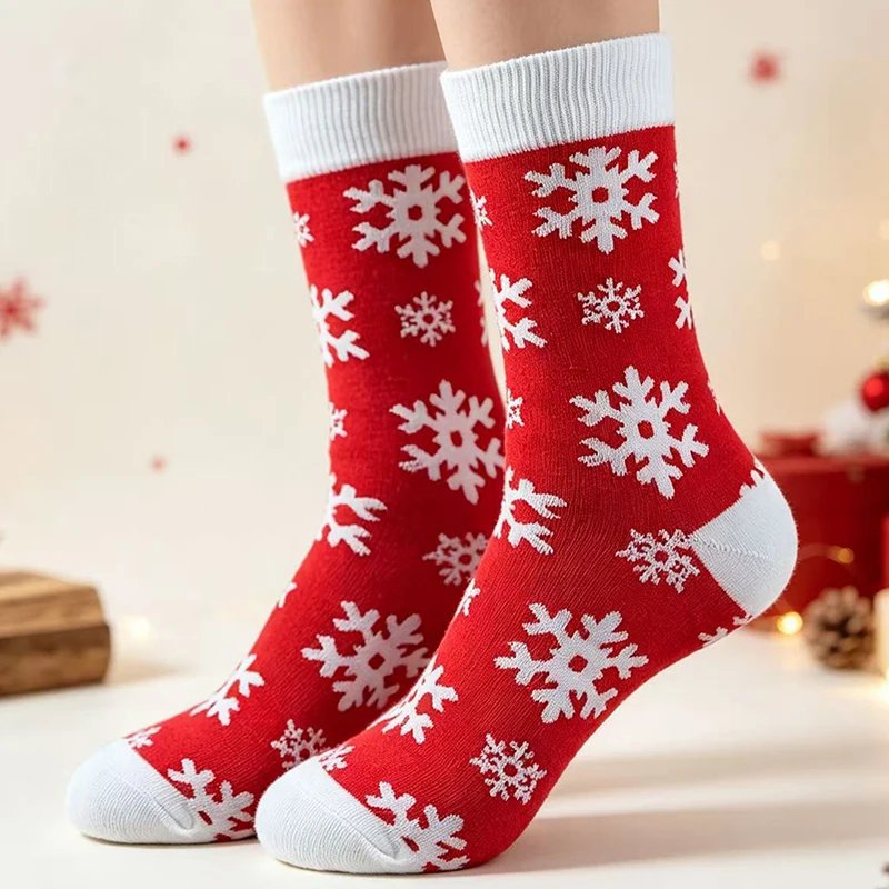1/3/5/10 Pairs Random Women Autumn Winter Christmas Cartoon Stripe Snowflake Comfortable Breathable Mid‑Calf Socks