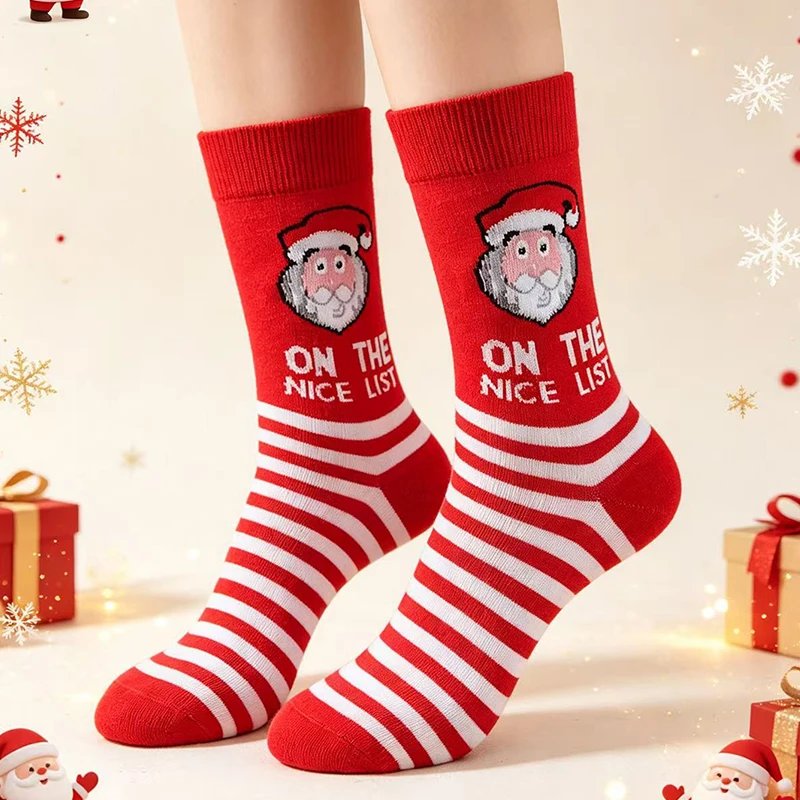 1/3/5/10 Pairs Random Women Autumn Winter Christmas Cartoon Stripe Snowflake Comfortable Breathable Mid‑Calf Socks