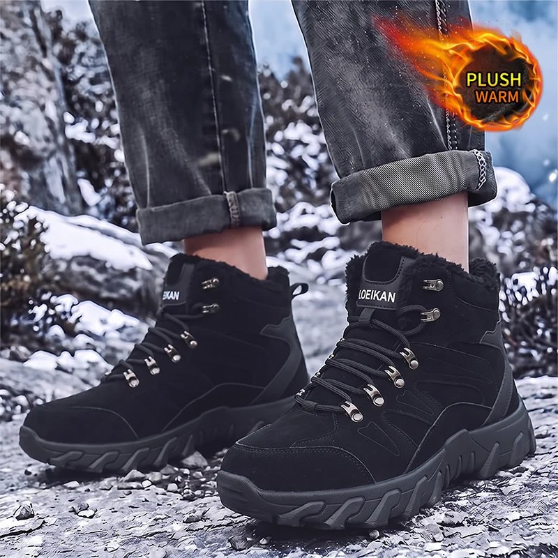 LOEIKAN Men Winter High Top Snow Boots, Warm Plush Lined Non-Slip Thick Sole Outdoor Hiking Ankle Boots