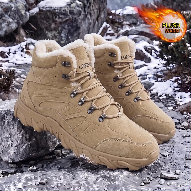LOEIKAN Men Winter High Top Snow Boots, Warm Plush Lined Non-Slip Thick Sole Outdoor Hiking Ankle Boots