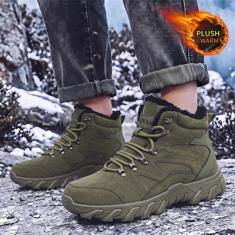 LOEIKAN Men Winter High Top Snow Boots, Warm Plush Lined Non-Slip Thick Sole Outdoor Hiking Ankle Boots