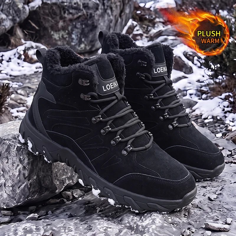 LOEIKAN Men Winter High Top Snow Boots, Warm Plush Lined Non-Slip Thick Sole Outdoor Hiking Ankle Boots