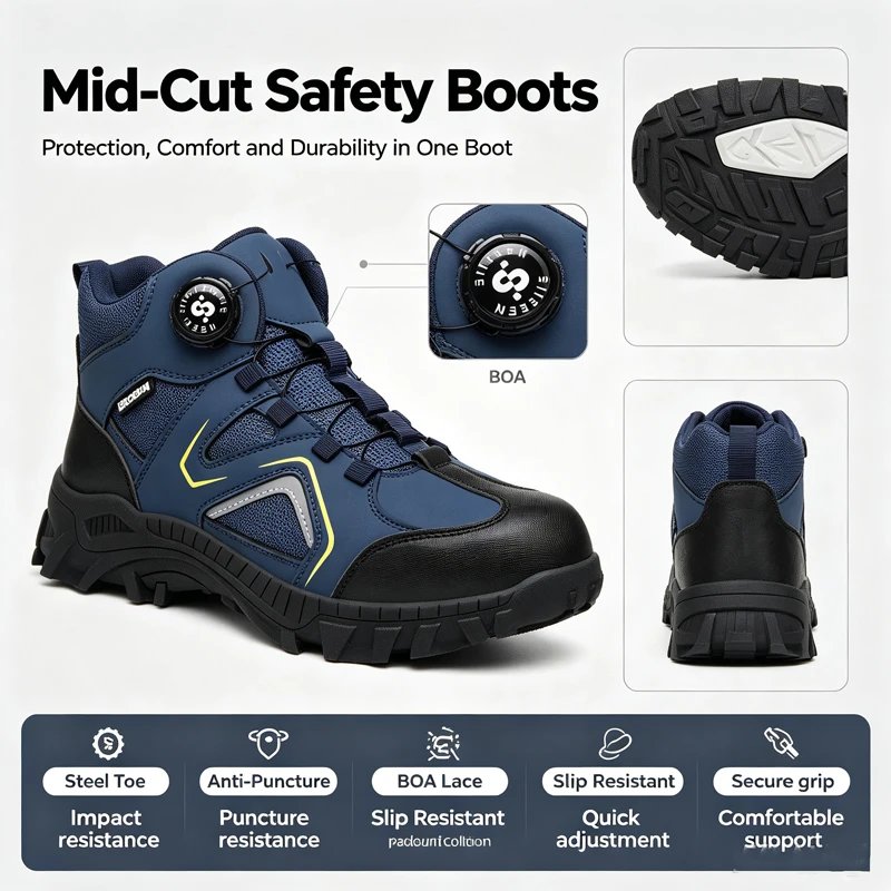 Men's Safety Shoes with Rotating Buckle, Steel Toe, Puncture-Resistant, and Non-Slip, Wear-Resistant Soles