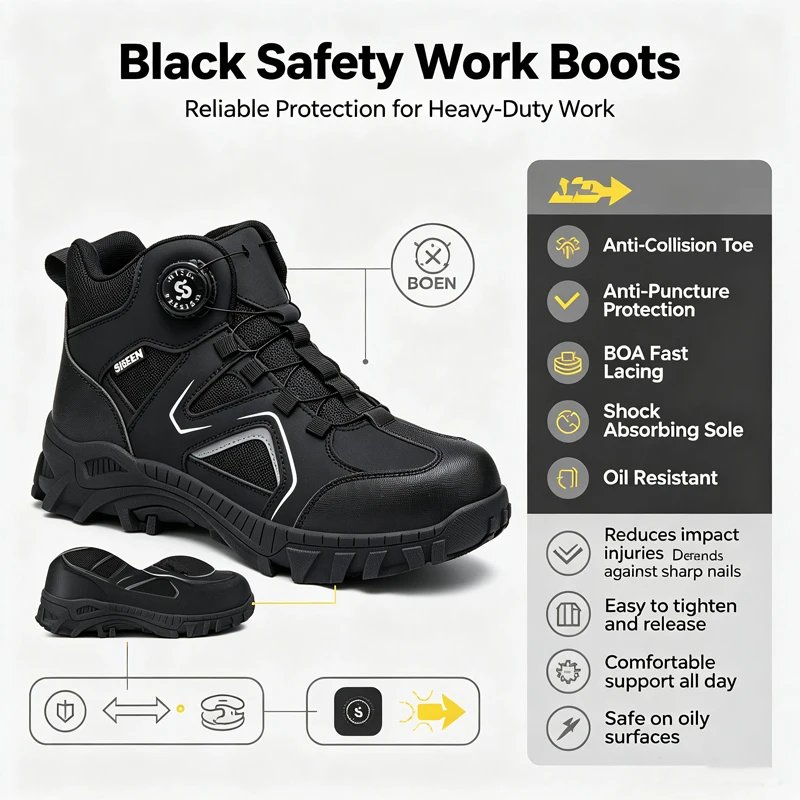 Men's Safety Shoes with Rotating Buckle, Steel Toe, Puncture-Resistant, and Non-Slip, Wear-Resistant Soles