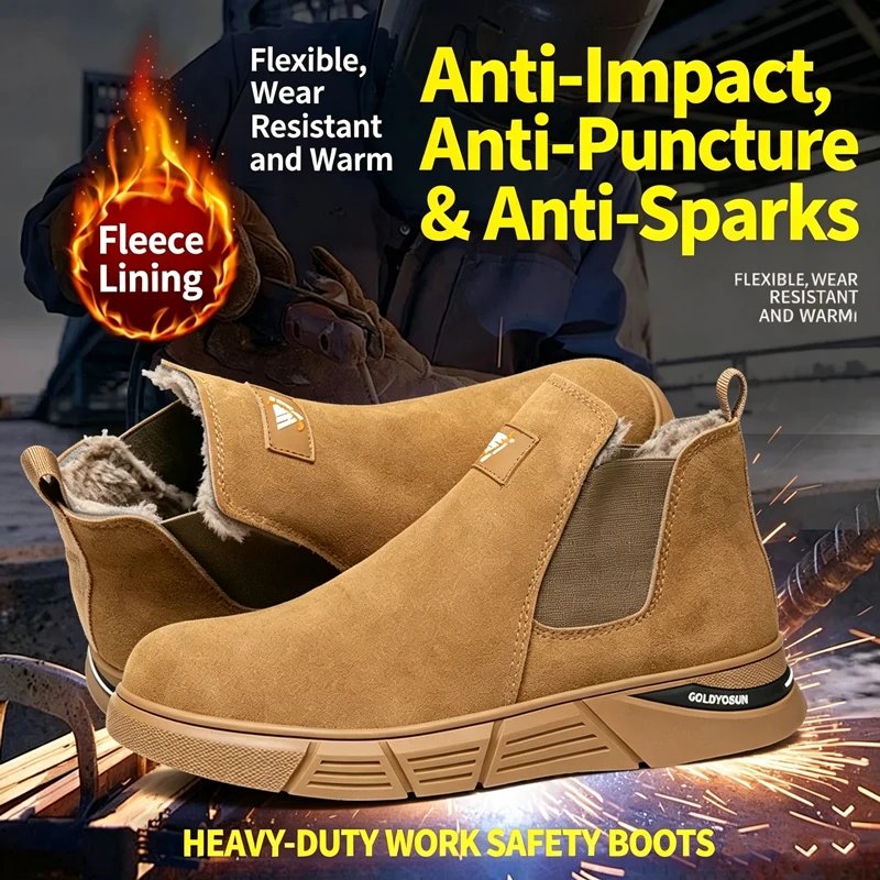 New Winter Fleece-Lined Men's Steel-Toe Safety Shoes: Impact-Resistant, Puncture-Resistant, and Heat-Resistant Welding Shoes