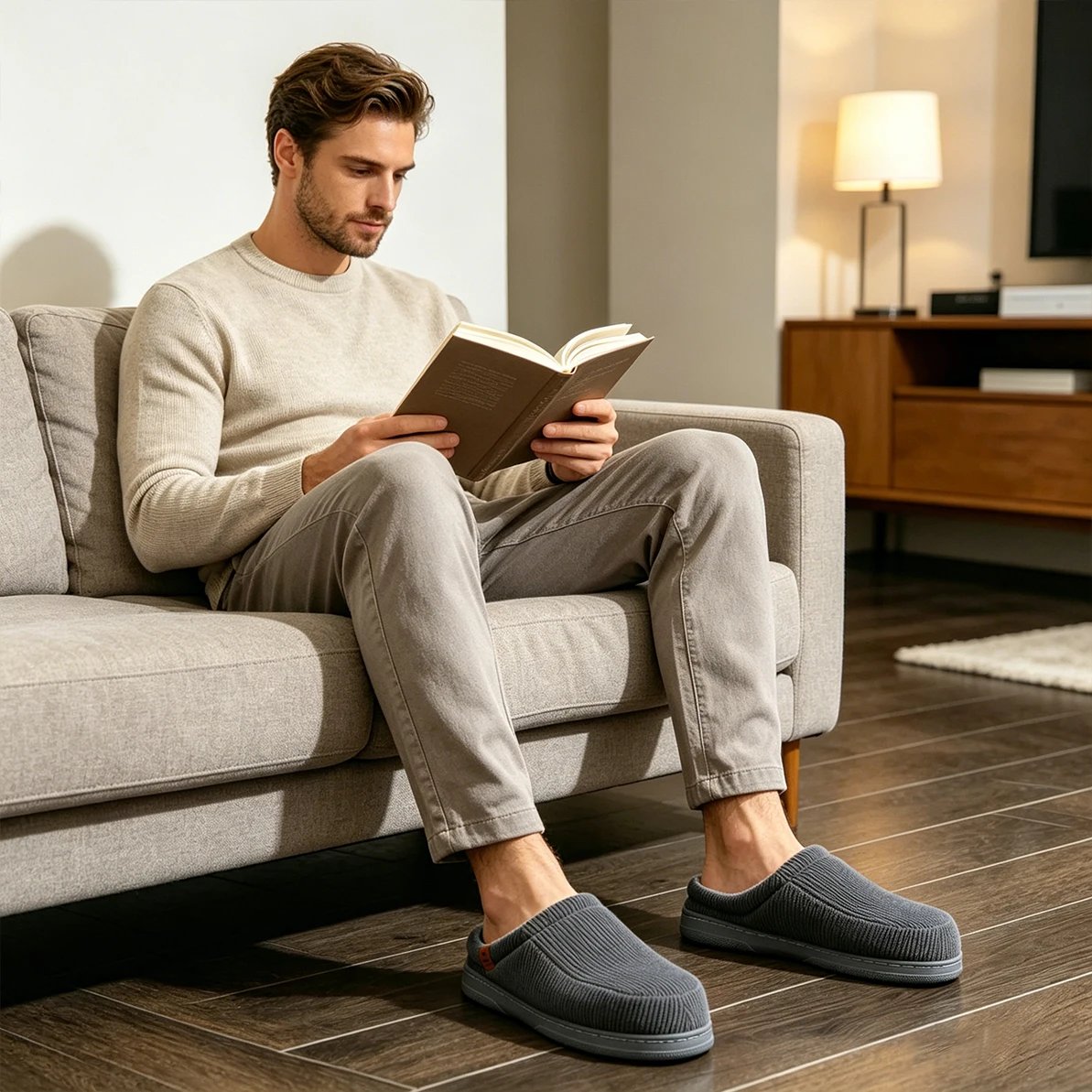 Warm Slippers for Men TPR Sole Memory Foam Soft Cushion Non Slip Stripe Design Comfortable Corduroy House Shoes Warm Slippers for Men TPR Sole Memory Foam Soft Cushion Non Slip Stripe Design Comfortable Corduroy House Shoes