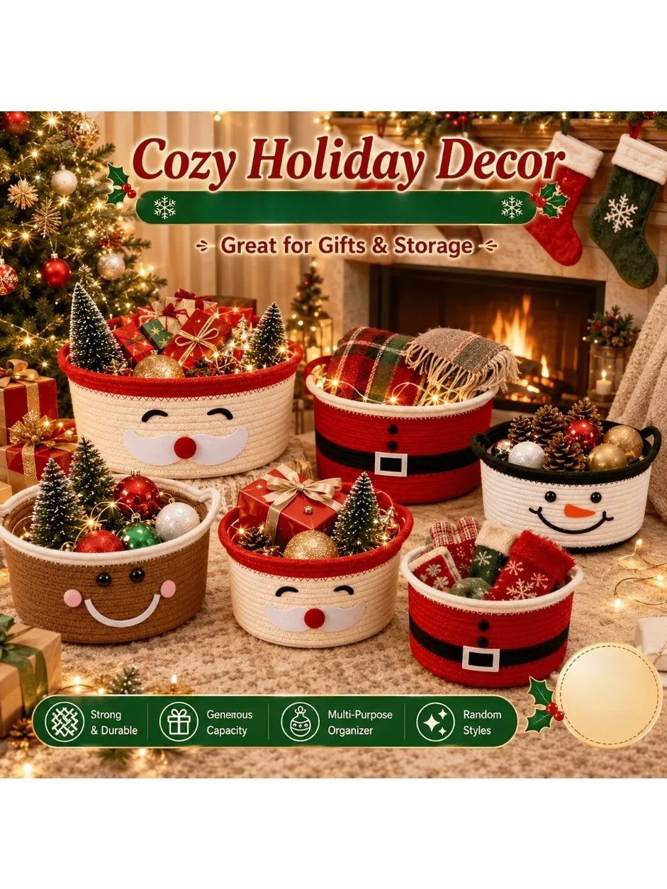 Christmas Woven Basket with Gift Bag, Ribbon Santa Emoticon Woven Storage Bin Empty Basket Holiday Decorative for Xmas Gifts