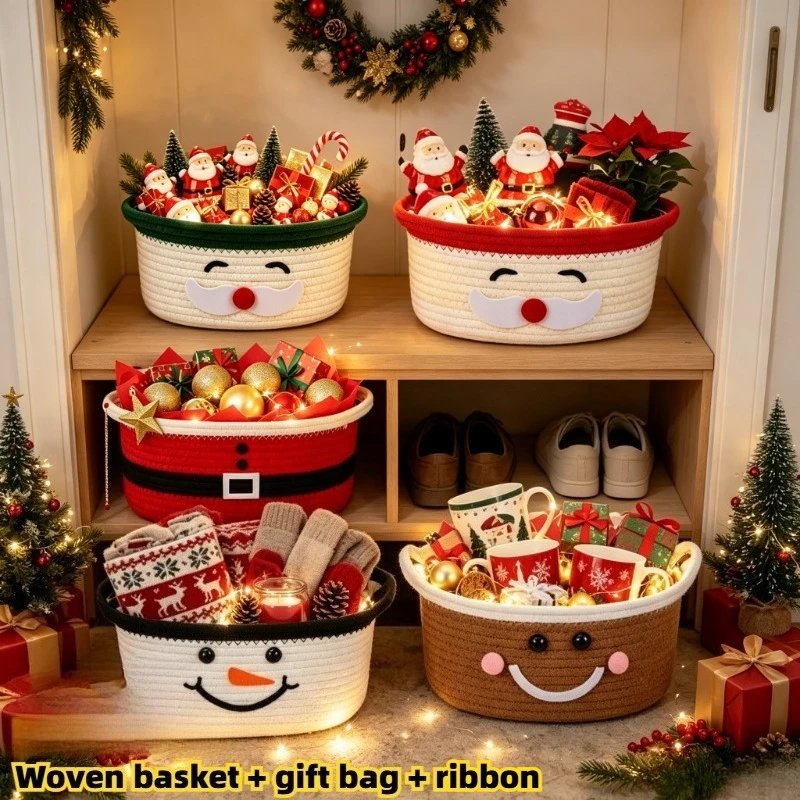 Christmas Woven Basket with Gift Bag, Ribbon Santa Emoticon Woven Storage Bin Empty Basket Holiday Decorative for Xmas Gifts