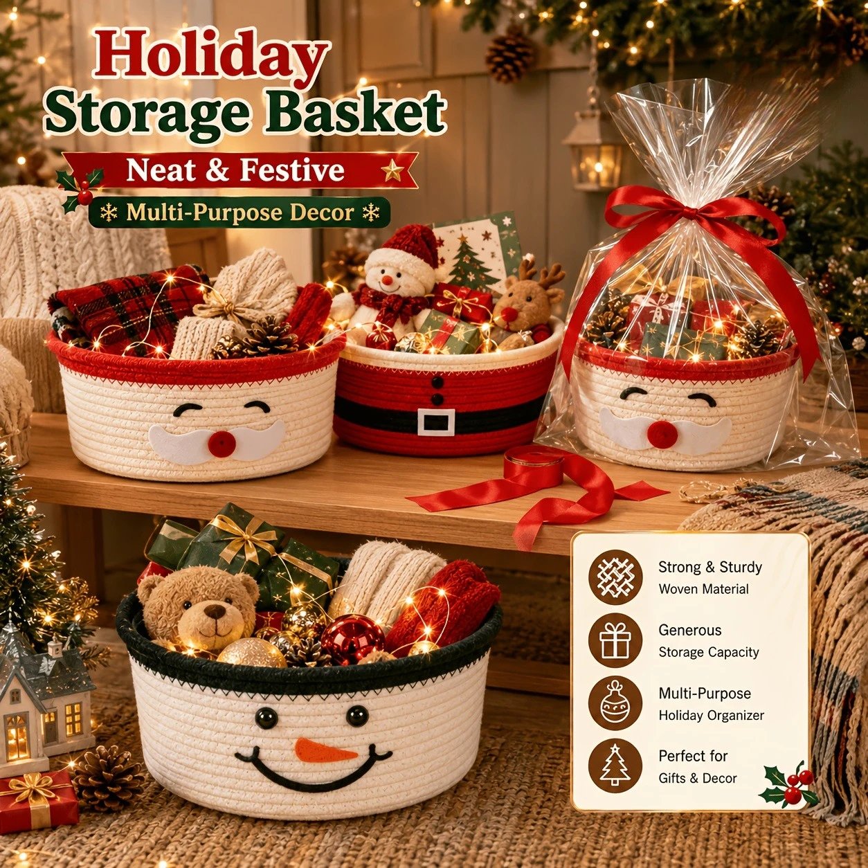 Christmas Woven Basket with Gift Bag, Ribbon Santa Emoticon Woven Storage Bin Empty Basket Holiday Decorative for Xmas Gifts