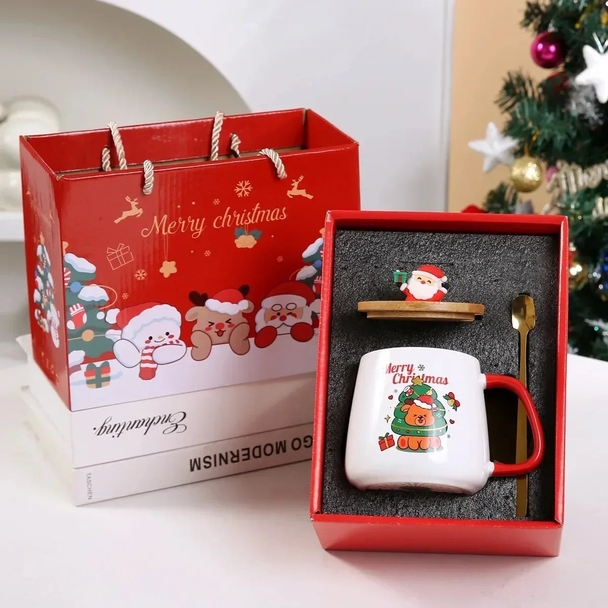Christmas Gift New Year Set:55 ℃ Thermostat Mugs Cup Snowman Ceramic Cup with Lid with Spoon Mugs Coffee Cups for Home or Office