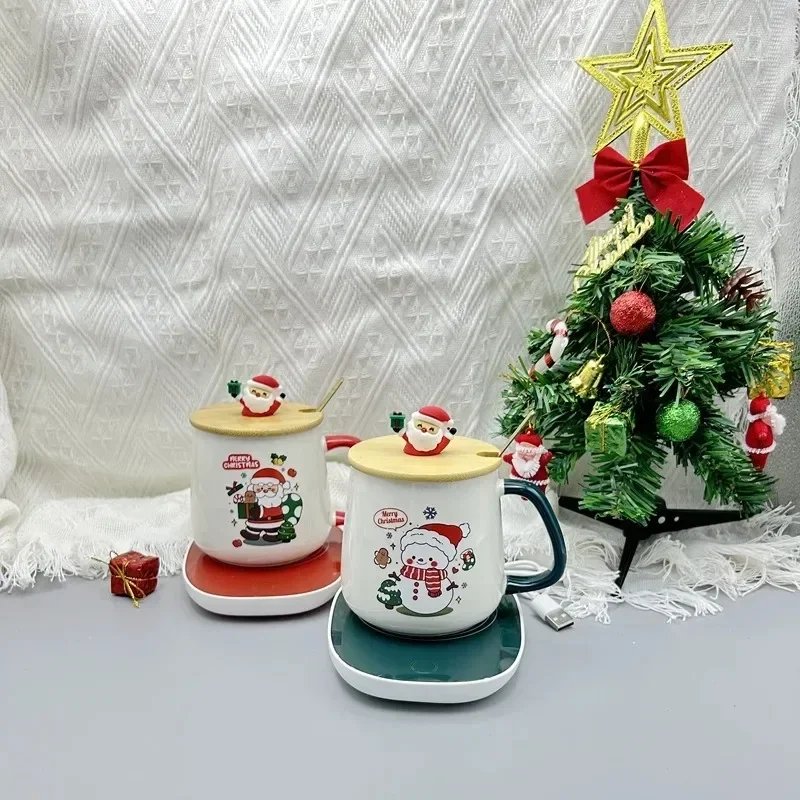 Christmas Gift New Year Set:55 ℃ Thermostat Mugs Cup Snowman Ceramic Cup with Lid with Spoon Mugs Coffee Cups for Home or Office