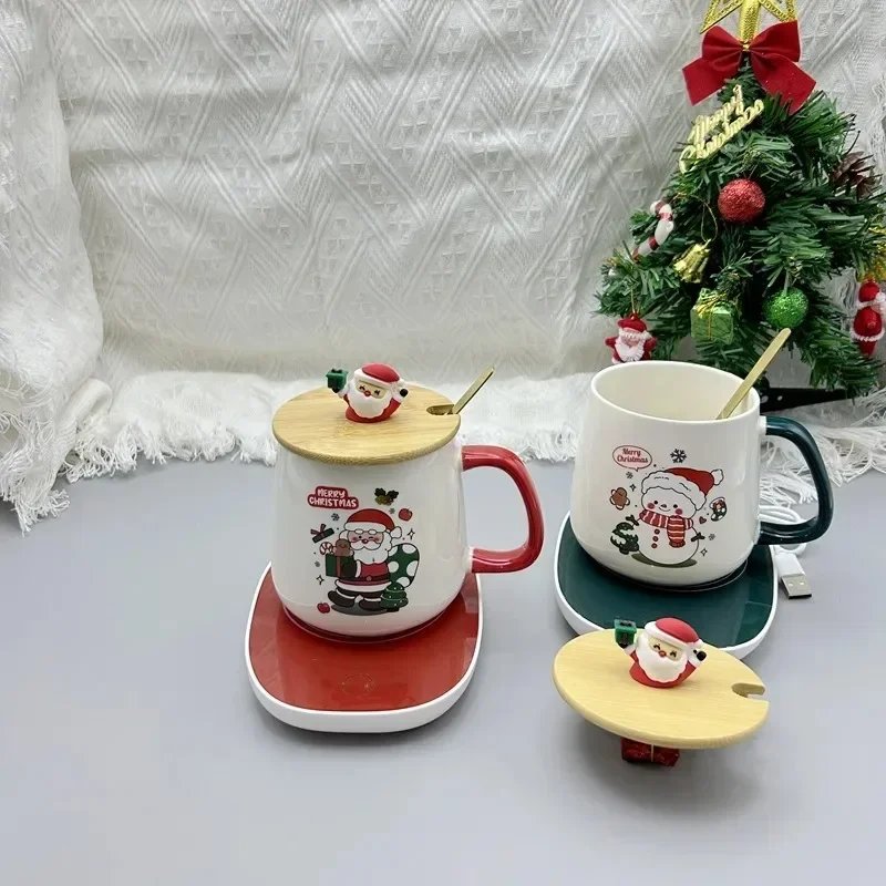Christmas Gift New Year Set:55 ℃ Thermostat Mugs Cup Snowman Ceramic Cup with Lid with Spoon Mugs Coffee Cups for Home or Office