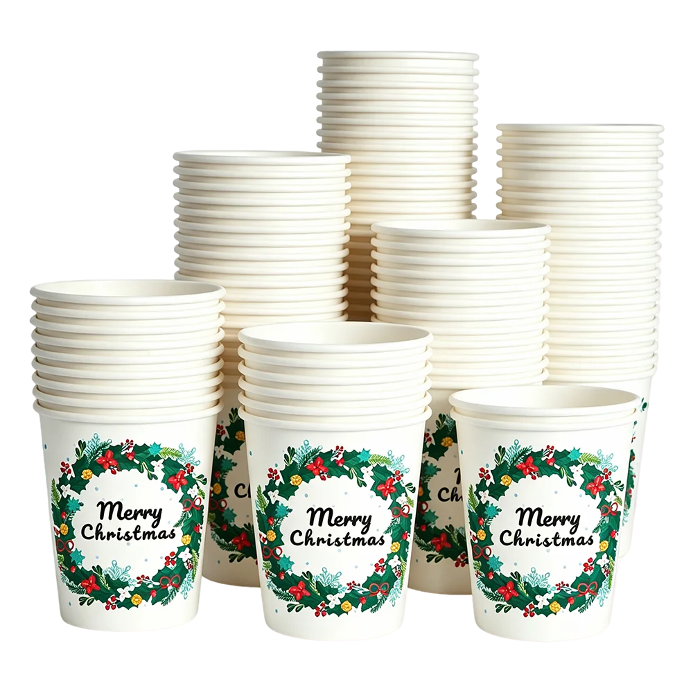 10-100pcs Christmas Disposable Paper Cups Christmas Tree Wreath Snowflake Printed Drinking Paper Cup Christmas Party Decor