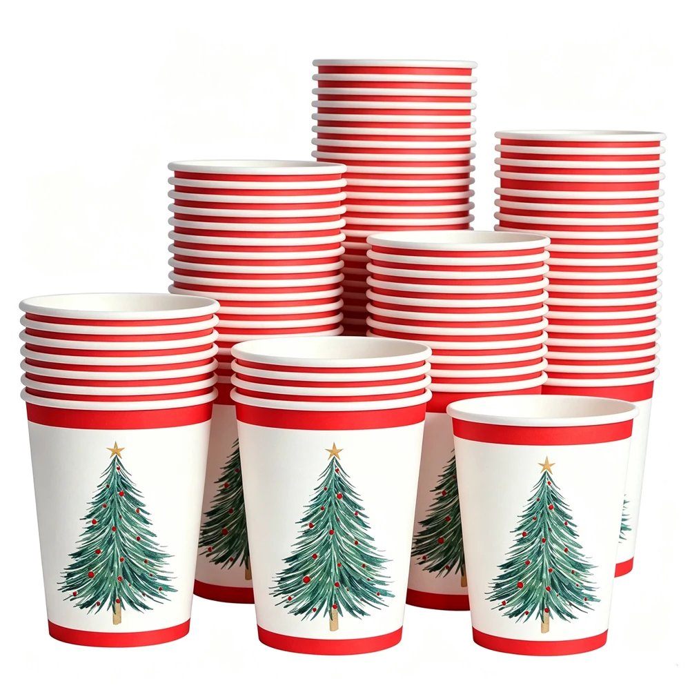 10-100pcs Christmas Disposable Paper Cups Christmas Tree Wreath Snowflake Printed Drinking Paper Cup Christmas Party Decor