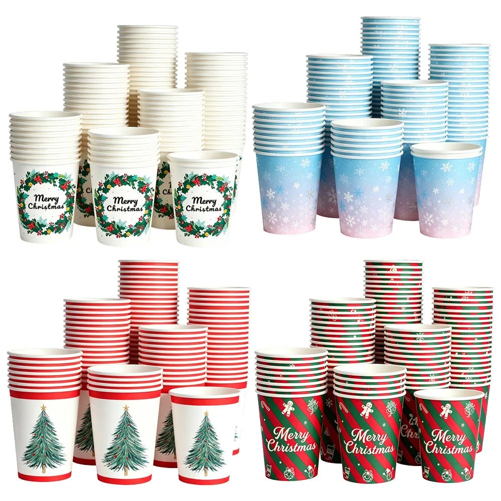 10-100pcs Christmas Disposable Paper Cups Christmas Tree Wreath Snowflake Printed Drinking Paper Cup Christmas Party Decor