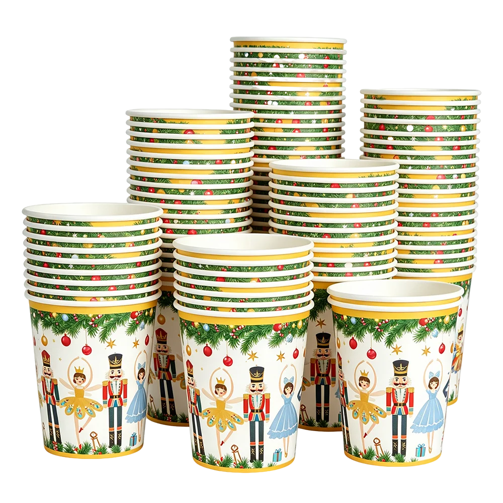 10-100pcs Christmas Disposable Paper Cups Christmas Tree Wreath Snowflake Printed Drinking Paper Cup Christmas Party Decor
