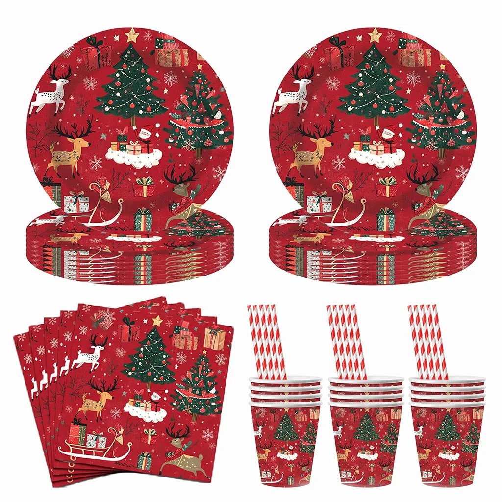 Christmas Decorations Party Tableware Set Reindeer Tree Themed Disposable Paper Plates Cups Napkins New Year Holiday Supplies Christmas Decorations Party Tableware Set Reindeer Tree Themed Disposable Paper Plates Cups Napkins New Year Holiday Supplies