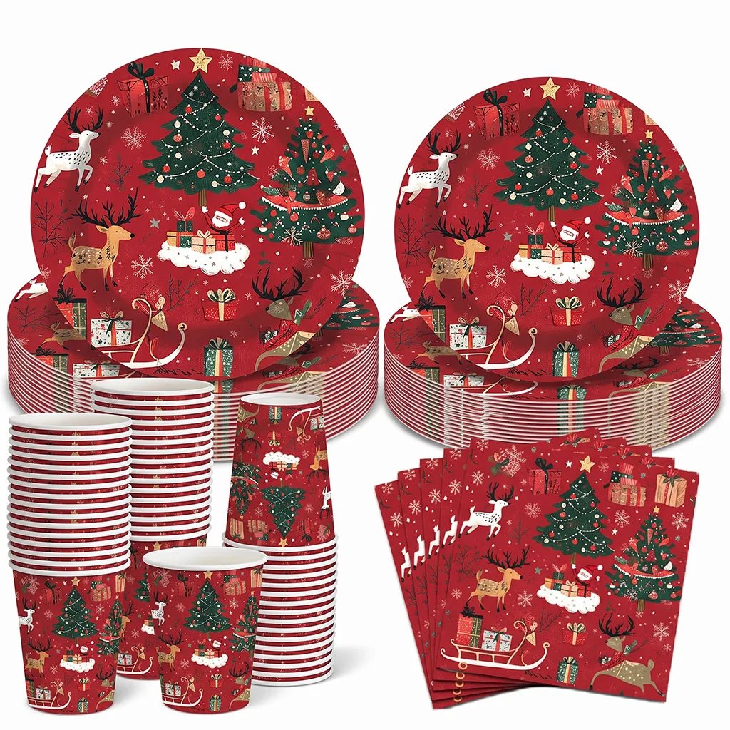 Christmas Decorations Party Tableware Set Reindeer Tree Themed Disposable Paper Plates Cups Napkins New Year Holiday Supplies Christmas Decorations Party Tableware Set Reindeer Tree Themed Disposable Paper Plates Cups Napkins New Year Holiday Supplies