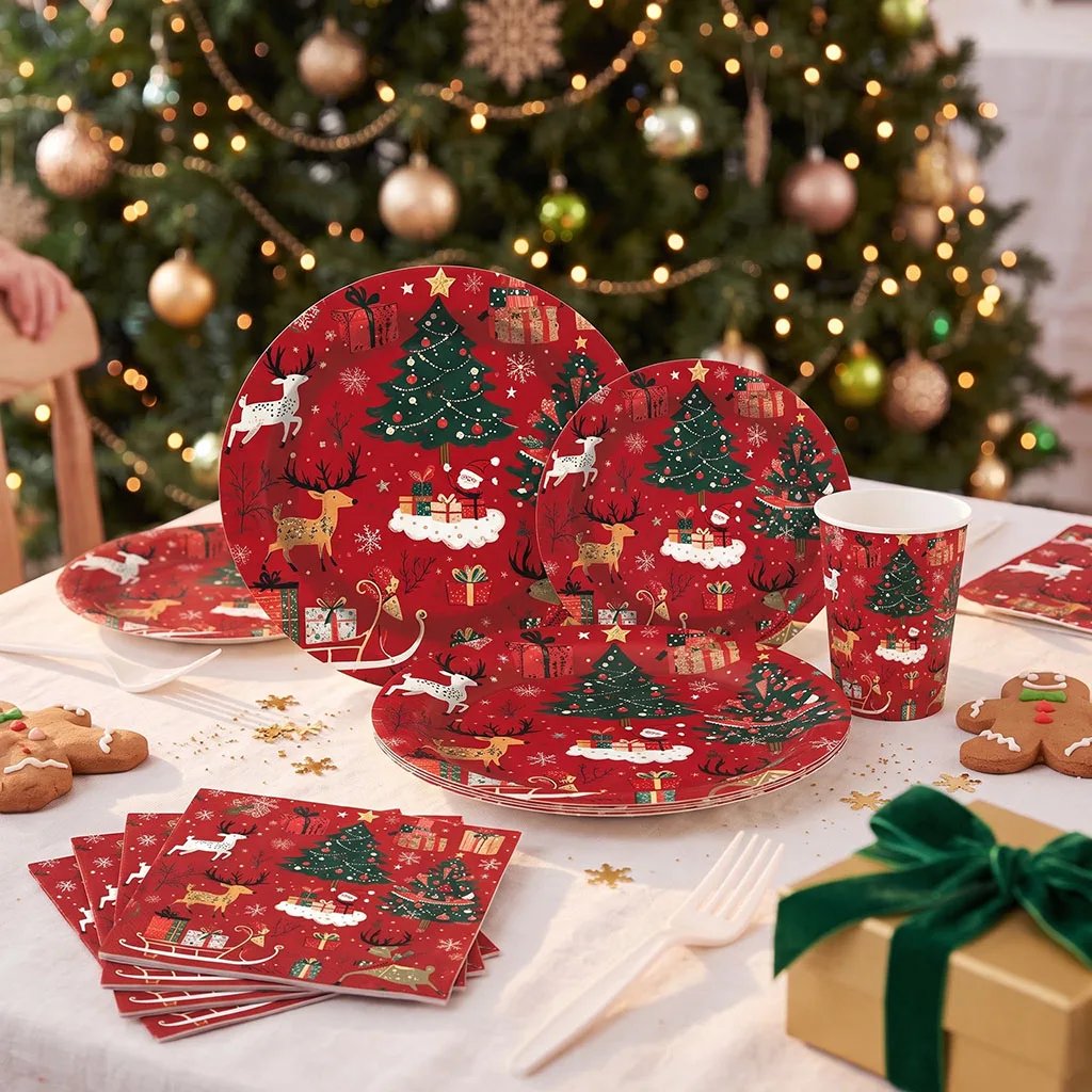 Christmas Decorations Party Tableware Set Reindeer Tree Themed Disposable Paper Plates Cups Napkins New Year Holiday Supplies Christmas Decorations Party Tableware Set Reindeer Tree Themed Disposable Paper Plates Cups Napkins New Year Holiday Supplies