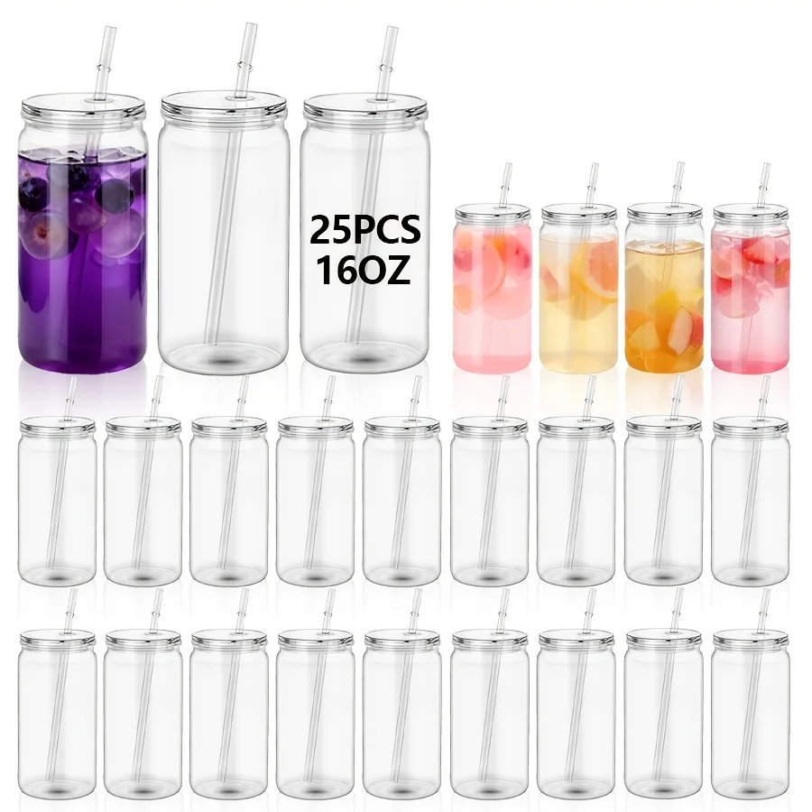 25/50 16 oz Single Layer Sports Cup, Christmas Plastic Juice Bottle with Sealed Lid and Straw, Clear Mason Bottle, Large Capacity Beverage Bottle (for Smoothies), Juice Shake Drink Cup, Bottle and Straw