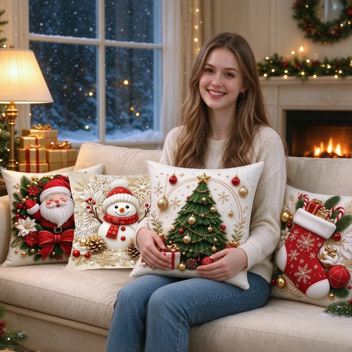 4pcs Merry Christmas Throw Pillow Covers Santa Claus Cushion Covers Christmas Decorations for Home Sofa Living Room Couch 2026