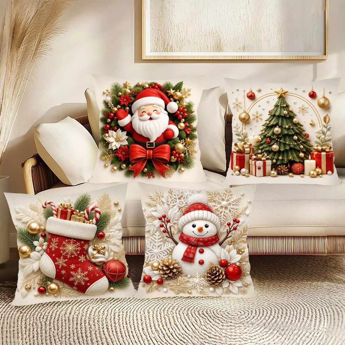 4pcs Merry Christmas Throw Pillow Covers Santa Claus Cushion Covers Christmas Decorations for Home Sofa Living Room Couch 2026