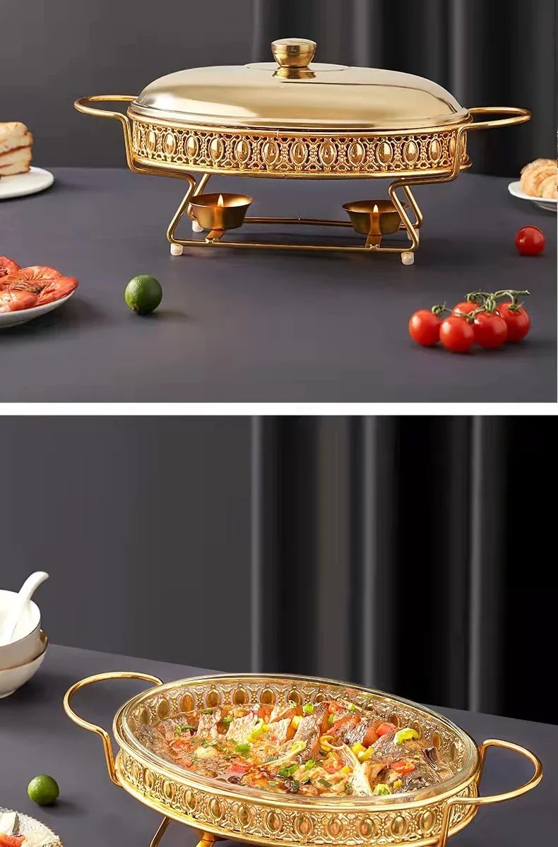 Luxury Golden Oval Food Warmer Stainless Steel Chafing Dish with Glass Lid for Hotel Wedding Buffet Server And Hot Pot