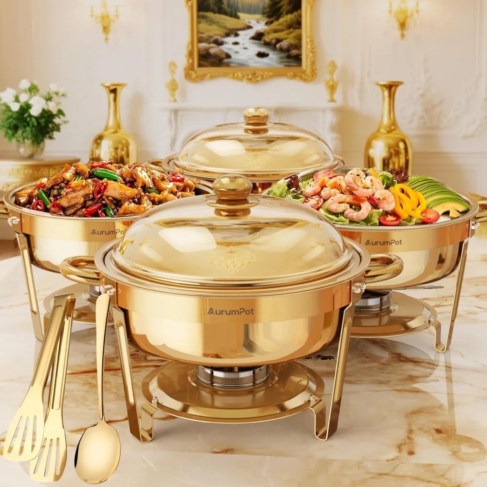 US Shipping 6QT Round Chafing Dish Set 4 Pack Stainless Steel Food Warmers Buffet Server for Parties Christmas Gathering