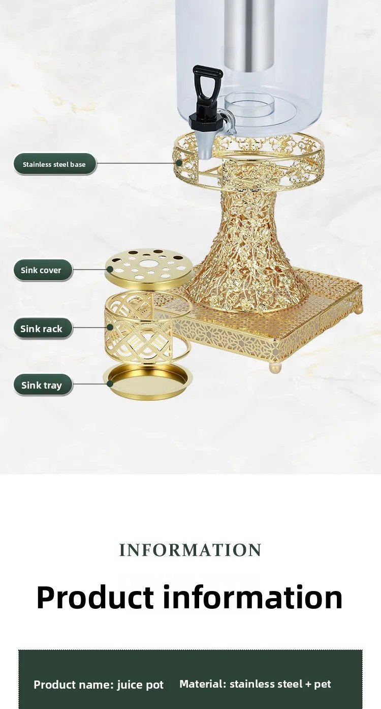 Commercial Double Tank Gold Stainless Steel Juice Dispenser 16L Buffet Beverage Dispenser with Ice Tube for Hotel and Restaurant