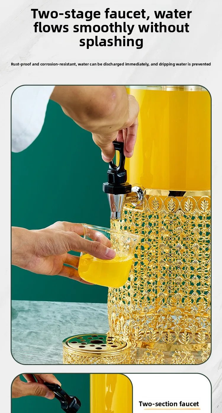 Commercial Double Tank Gold Stainless Steel Juice Dispenser 16L Buffet Beverage Dispenser with Ice Tube for Hotel and Restaurant