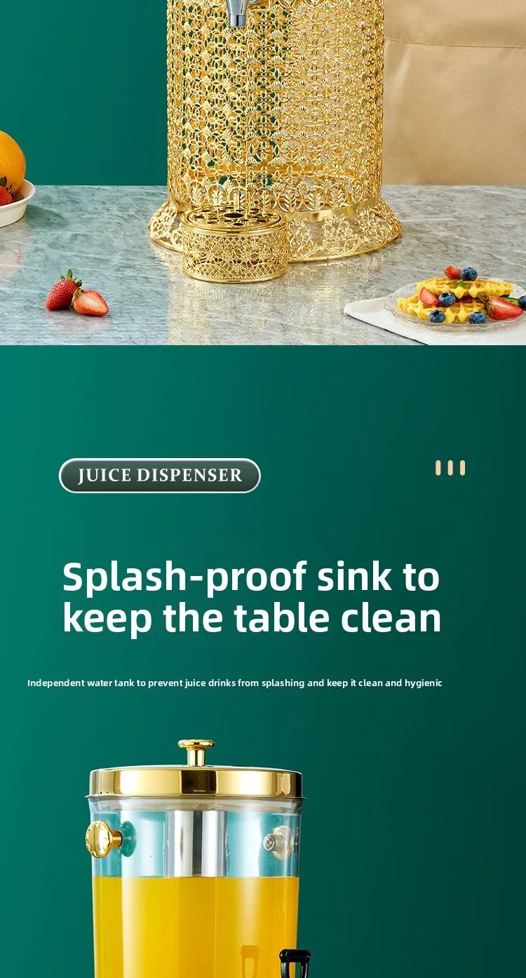 Commercial Double Tank Gold Stainless Steel Juice Dispenser 16L Buffet Beverage Dispenser with Ice Tube for Hotel and Restaurant