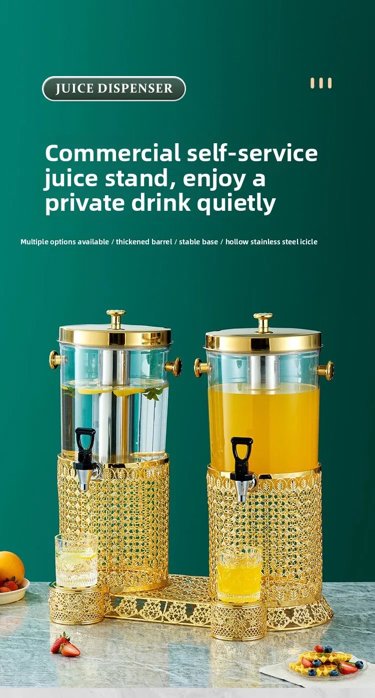 Commercial Double Tank Gold Stainless Steel Juice Dispenser 16L Buffet Beverage Dispenser with Ice Tube for Hotel and Restaurant