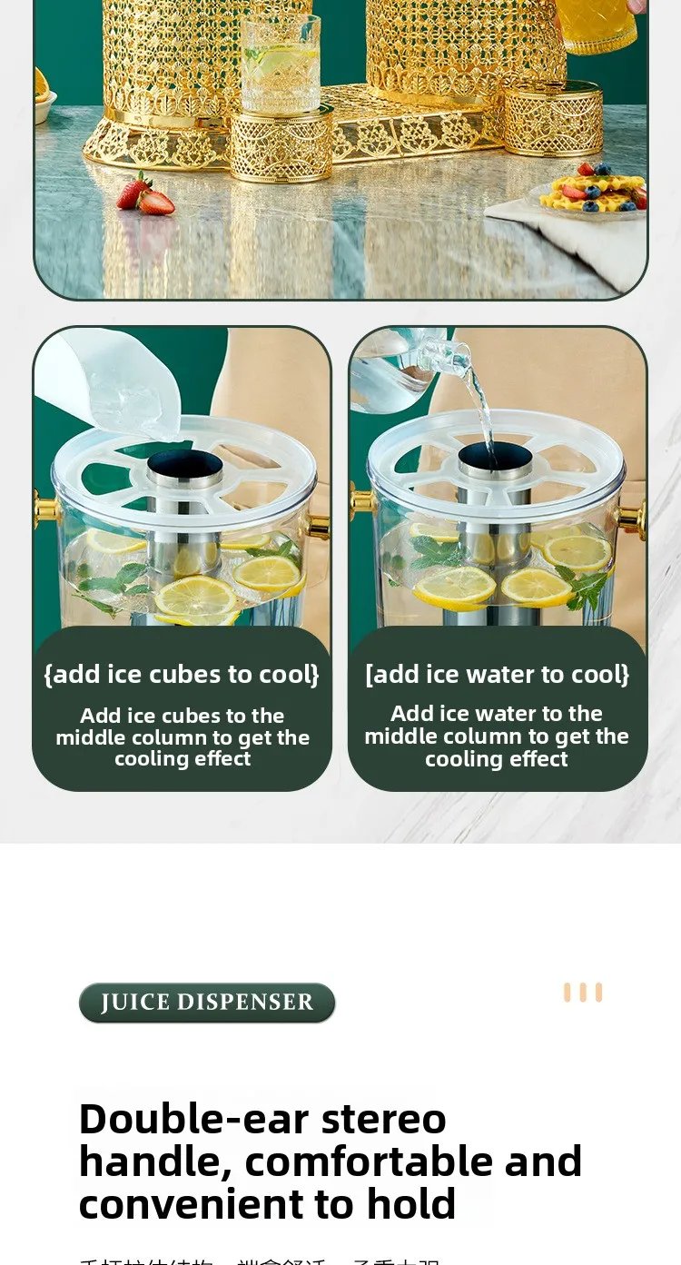 Commercial Double Tank Gold Stainless Steel Juice Dispenser 16L Buffet Beverage Dispenser with Ice Tube for Hotel and Restaurant